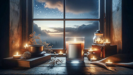 An atmospheric evening setting showcasing a glass scented candle on a rustic window sill