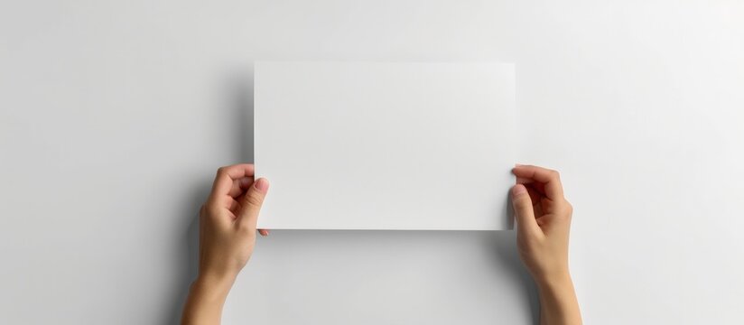Close up human hands holding a blank white paper on office desk. Generated AI image