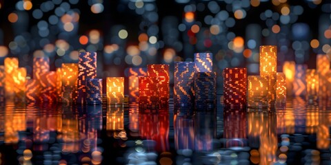 A nighttime view of casino chips arranged like a fluctuating graph. Concept Casino, Chips, Nighttime, Gambling, Financial Markets - Powered by Adobe