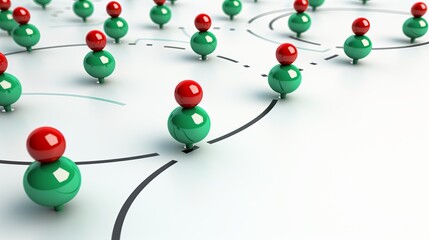 Obraz premium Point-to-point travel route with red thumbtacks and green arrows