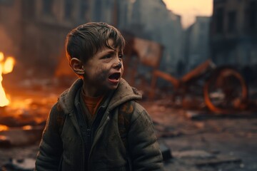 Sad and lost orphan kid among the ruins of a city destroyed by war, copy space right. Consequences of war on children and defenseless people.
