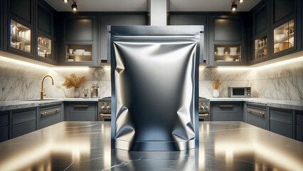 bag mockup positioned in the center of a modern kitchen setting, with stainless steel appliances