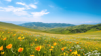 Fototapeta premium Vibrant Spring Meadow with Blooming Wildflowers and Rolling Hills Landscape Under Blue Sky