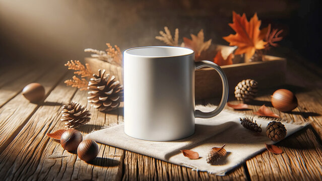 beautifully styled stock mug mockup image,white mug placed on a rustic wooden table.