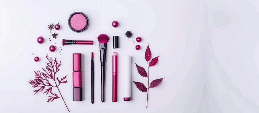 Top view decorative cosmetics set for makeup tools on white background. Generated AI image