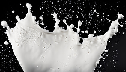 Splashes of milk or white liquid on a black background; beautiful texture for the designer