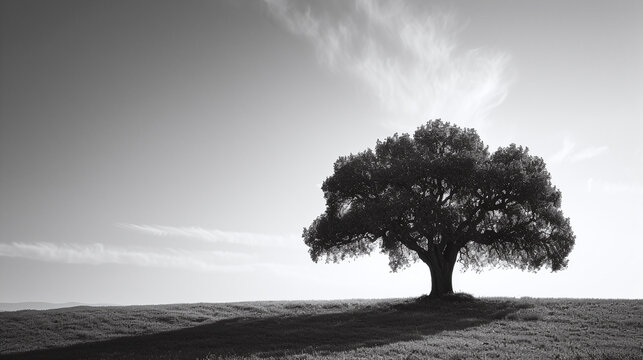 Black and white landscape photography of solitary tree on hill with dramatic sky and shadows