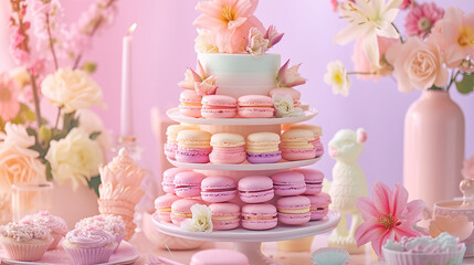 Pastel Macaron Tower with Elegant Flowers and Candles Perfect for Birthday Party or Wedding Reception Dessert Table Display