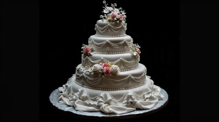 Fototapeta premium Delicious multi-tiered wedding cake isolated on black background. Generative AI