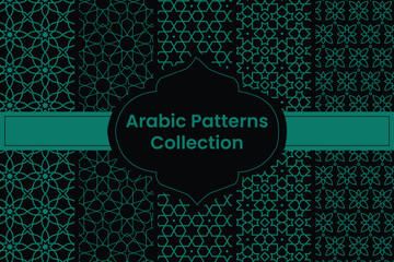 set of green Arabic Patterns on black Background, Vector