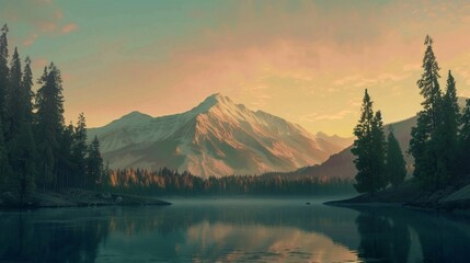 Immerse yourself in the anglocore charm of an AI-generated masterpiece portraying a mountain and lake at sunset, radiating tranquility through emerald and brown tones - obrazy, fototapety, plakaty