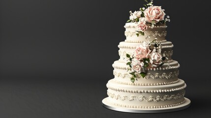Delicious multi-tiered wedding cake isolated on black background. Generative AI