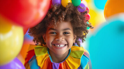 Fototapeta na wymiar Happy African American Child Smiling in Colorful Clown Costume with Vibrant Balloons at Festive Celebration