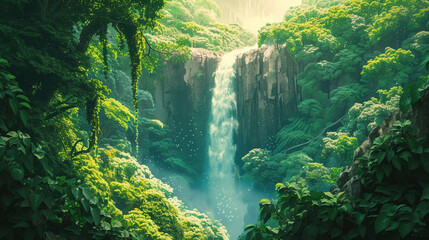 Majestic Waterfall Oasis Surrounded by Lush Green Tropical Forest Landscape - obrazy, fototapety, plakaty