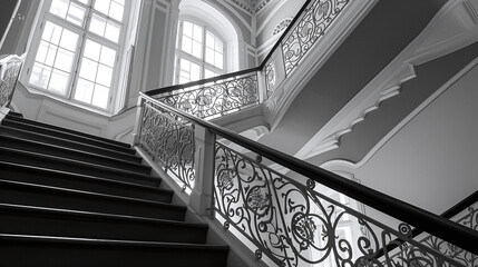 Elegant Black and White Grand Staircase with Ornate Wrought Iron Railing in Luxurious Interior Design