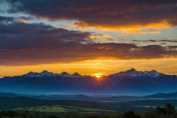 a panoramic shot of a vibrant sunrise over a tranquil mountain range