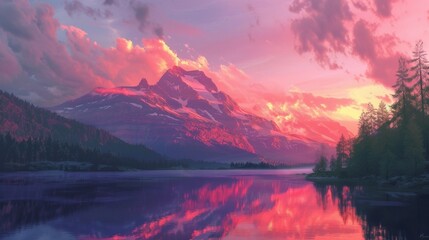 Immerse yourself in the Whistlerian charm of a sunset over a mountain and lake, brought to life through AI, featuring a perfect blend of natural colors - obrazy, fototapety, plakaty