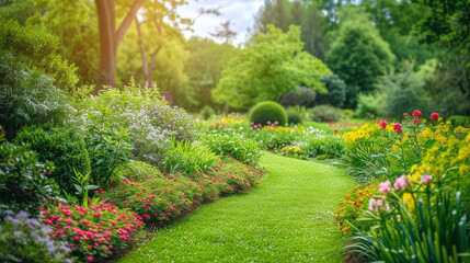 Lush Green Garden Pathway with Vibrant Flower Beds and Landscaping in Sunlit Park