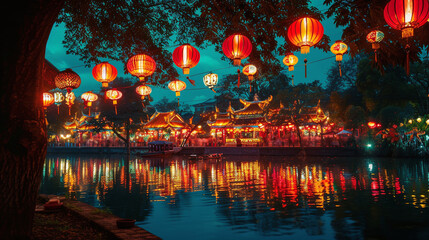 Traditional Chinese Lantern Festival Illumination Reflecting in Water with Temple Background at Night - obrazy, fototapety, plakaty