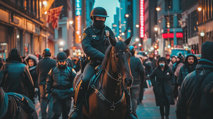 Police Officer on Horseback Patrolling Busy City Street at Dusk - obrazy, fototapety, plakaty