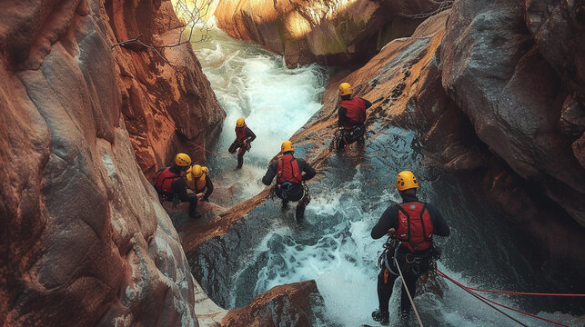 Group of Adventurers Canyoneering in Rugged Terrain with Rushing Water and Sunlight