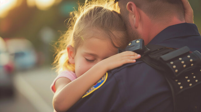 Young Child Embracing Police Officer in Uniform Showing Family Support and Trust at Sunset