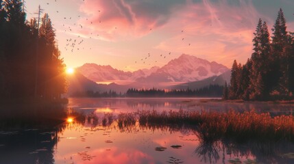 Immerse yourself in the Whistlerian charm of a sunset over a mountain and lake, brought to life through AI, featuring a perfect blend of natural colors