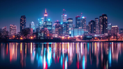 Fototapeta premium Vibrant Urban Skyline Reflections on Water at Night Cityscape Wallpaper