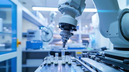 Automated Liquid Handling Robot Performing Sample Testing in Modern Laboratory Biotechnology Research Lab Equipment