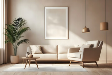 Living room interior with white sofa, coffee table and plants. Mock up poster.