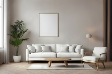 Living room interior with white sofa, coffee table and plants. Mock up poster.