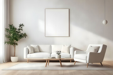 Living room interior with white sofa, coffee table and plants. Mock up poster.