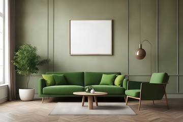 Green living room interior with green sofa, coffee table and poster