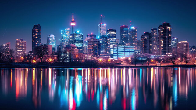 Vibrant Urban Skyline Reflections on Water at Night Cityscape Wallpaper
