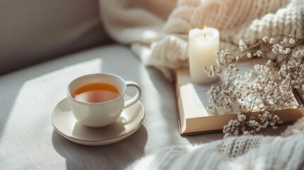 Fototapeta na wymiar Cozy Afternoon Tea Cup with Open Book and Lit Candle on Sunlit Table with Knitted Blanket and White Flowers