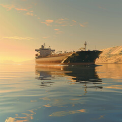 Fototapeta premium Cargo ship in the sea at sunset. 3d illustration.