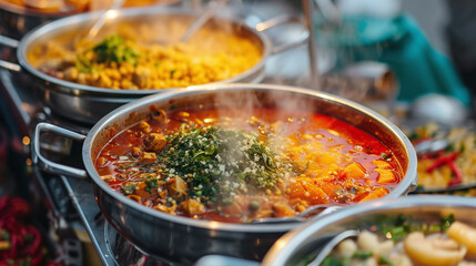 Authentic Ethnic Cuisine Closeup Delicious Hot Stews Ready to Serve at Food Market Buffet