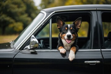 Cute dog in black car, view from outside