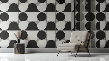 Modern Minimalist Living Room with Geometric Pattern Wallpaper and Elegant Armchair Design
