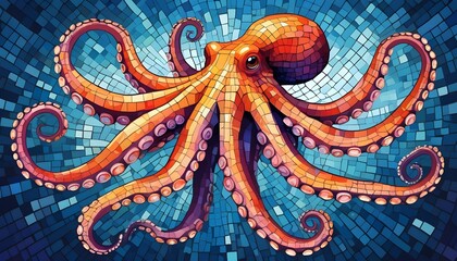 Colorful Illustration Mosaic Style Octopus Ocean and Marine Life. Generative AI illustration