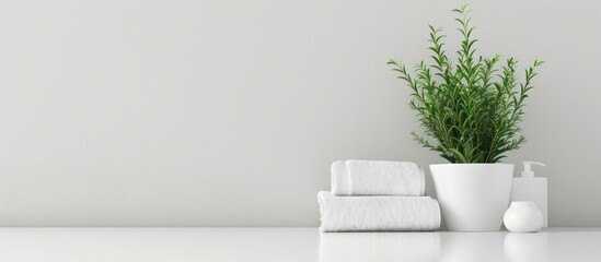 Close up of white clean towel and houseplant on the table. Generated AI image