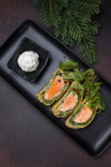 Delicious fish dish in the restaurant. Close-up