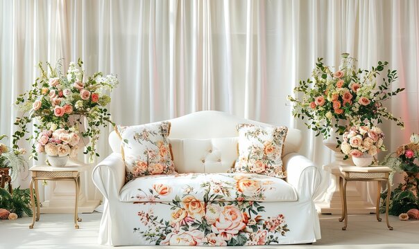 White sofa with floral print in a bright room. Photo zone