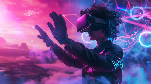 Virtual Reality Experience Futuristic Neon Landscape with Female Gamer Engaged in Interactive VR Simulation