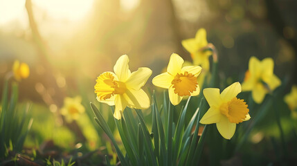 Close-up of yellow daffodil flowers blooming in spring. Bokeh sunny background. Spring landscape concept. Generative AI © AngrySun