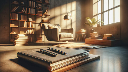 mockup, positioned against a backdrop of a modern, cozy reading nook with a plush chair - obrazy, fototapety, plakaty