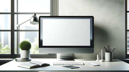 modern workspace featuring a blank screen computer on a clean, minimalist desk.