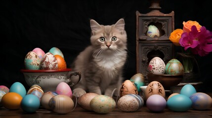 cat and easter eggs