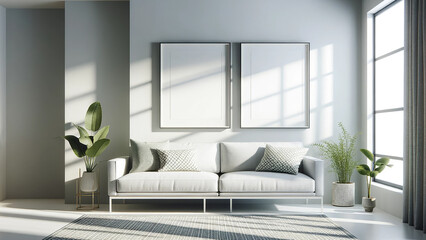 modern, airy living room interior mockup featuring two white frames hanging side