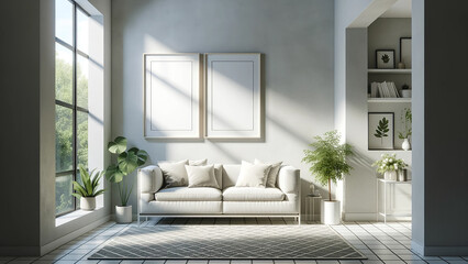 Obraz premium modern, airy living room interior mockup featuring two white frames hanging side
